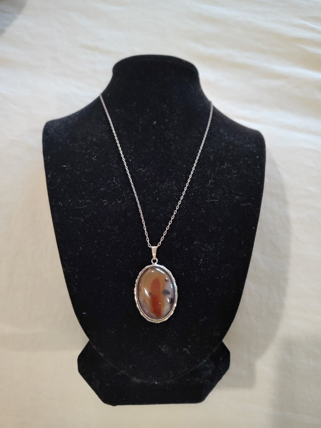 Vintage Carnelian Agate Sterling Silver Pendant Natural Gemstone Oval With Chain