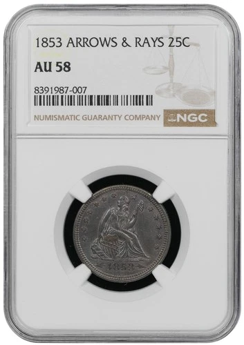 1853 Seated Liberty Quarter Reverse w/Rays Arrows at Date AU58 (NGC#8391987)