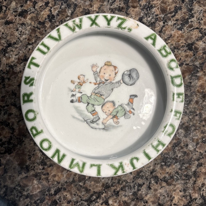 Vintages Child's Dish Heavy Shallow Porcelain Made in Germany Alphabet Baseball