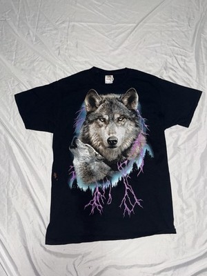 Y2K Black Fruit Of The Loom Lightning Howling Wolf Graphic T-Shirt Size M