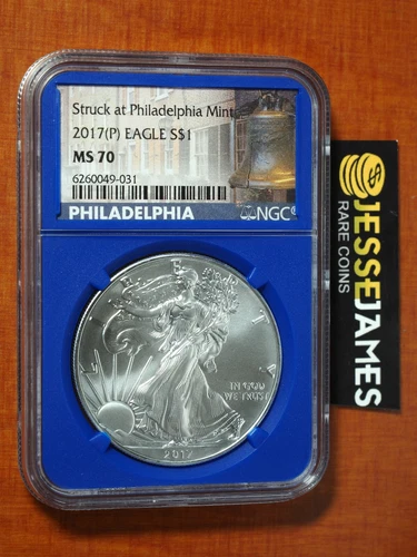 2017 (P) $1 AMERICAN SILVER EAGLE NGC MS70 STRUCK AT PHILADELPHIA MINT BLUE CORE