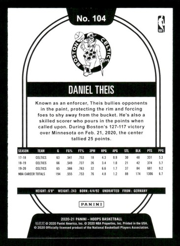 2020-21 Hoops #104 Daniel Theis Purple - Picture 2 of 2
