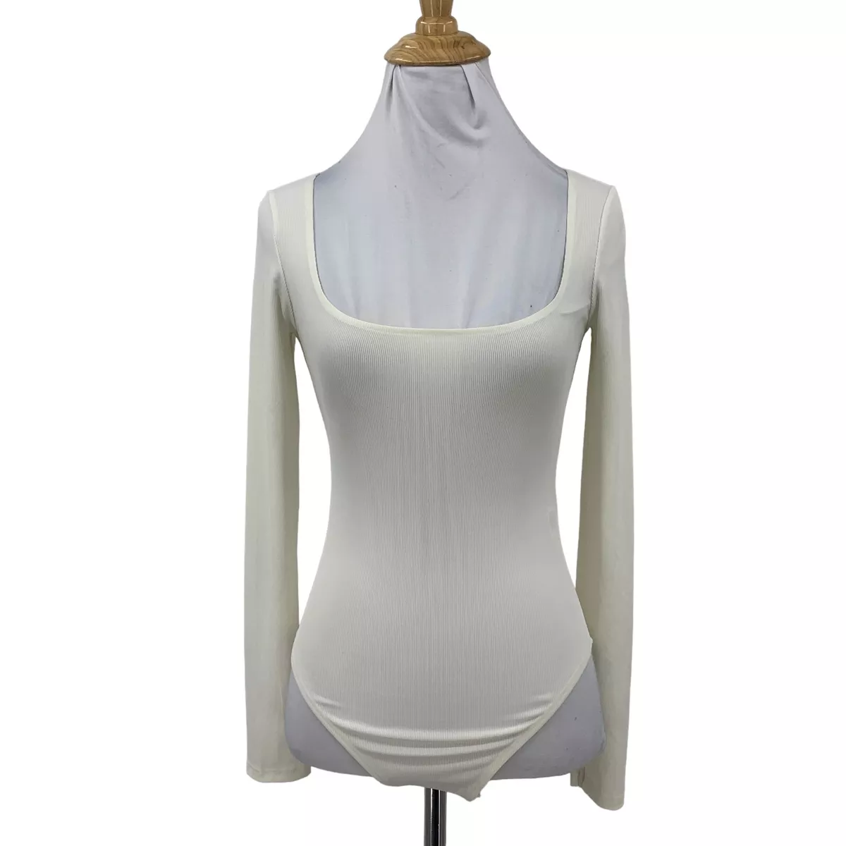 Topshop Bodysuit Womens 4 Cream White Ribbed Square Neck Long Sleeve  Stretch