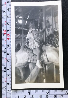 Amusement Park Ride Child on Horse Ride Carousel 1946 Photo Snapshot