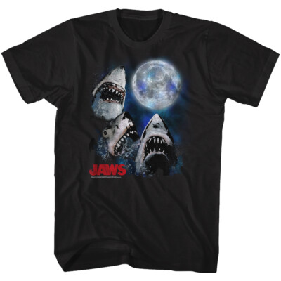 Jaws 70's Thriller Movie 3 Sharks Moonlight Chomp At The Moon Men's T Shirt
