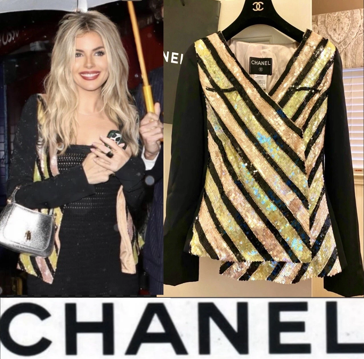 Chanel Vintage 2000 Nero Paillettes Tweed Giacca 34 36 2 4 6 Camicia Top Coat Vintage S M