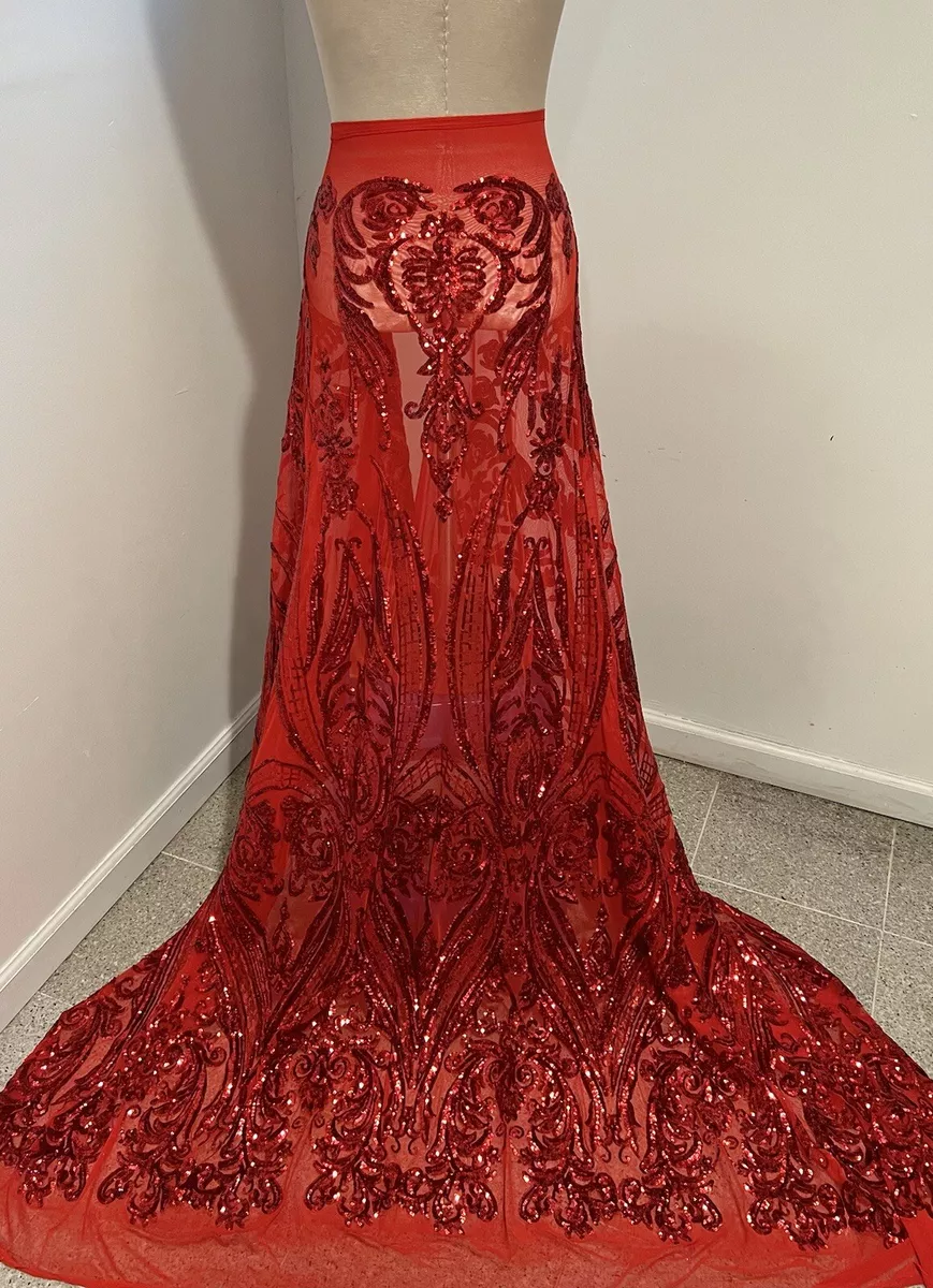 Red 4way stretch sequins Embroidery Mesh Lace fabric 50 Width