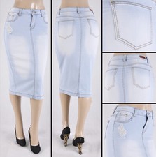 WOMEN calf length skirt 28" skirt stretch denim Light indigo wash rip WG-79006