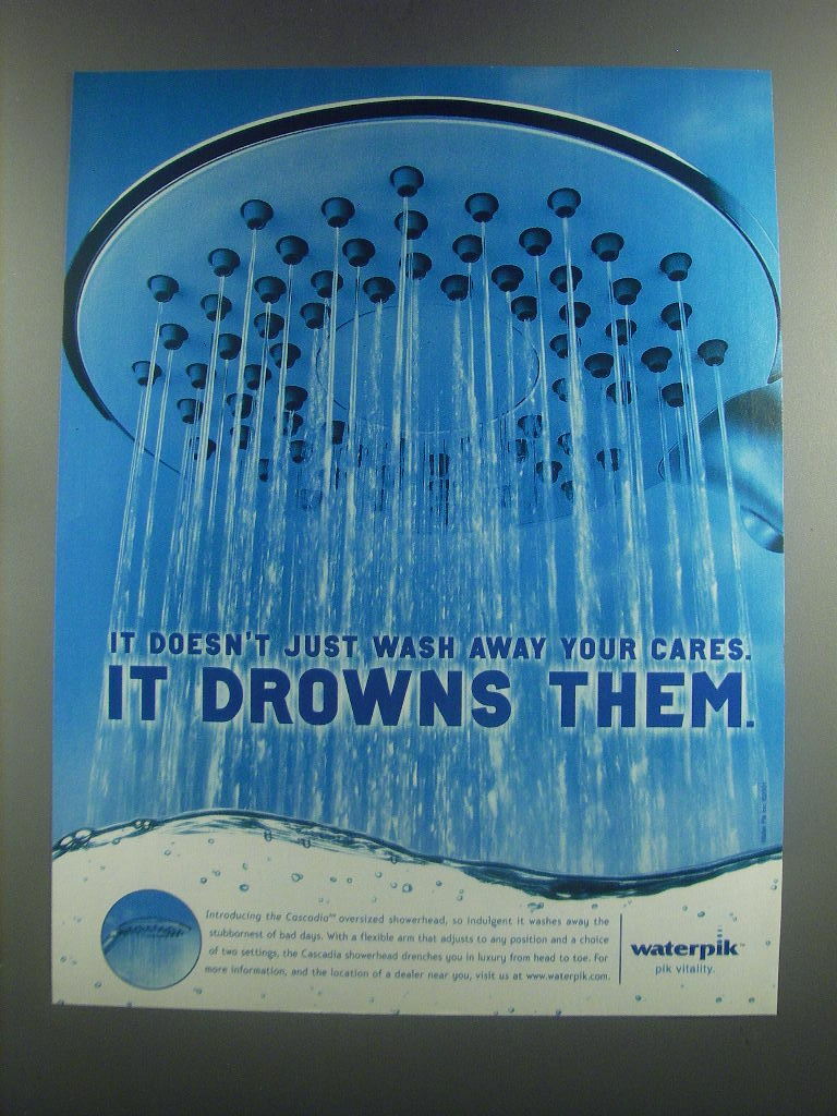 2001 Waterpik Cascadia Oversized Showerhead Ad - It doesn't just wash away
