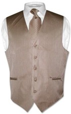 Men's Dress Vest NeckTie MOCHA Lt. BROWN Vertical Striped Design Neck Tie Set