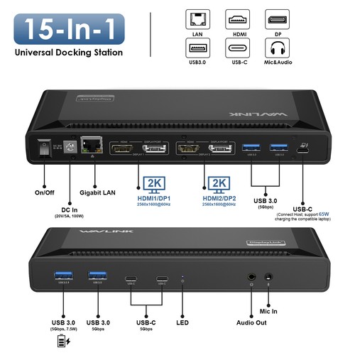 WAVLINK Dual HDMI Docking Station 15-In-1 USB C Laptop Hub PC Dock Dual Monitor - Picture 11 of 16