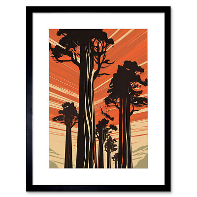 Sequoia National Forest großer Baum Linolschnitt Poster gerahmter Wandkunstdruck 12 x 16