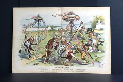 Presidential Candidates 1895 DANCING AROUND MAY POLE DEMOCRATS and GOP Puck Art