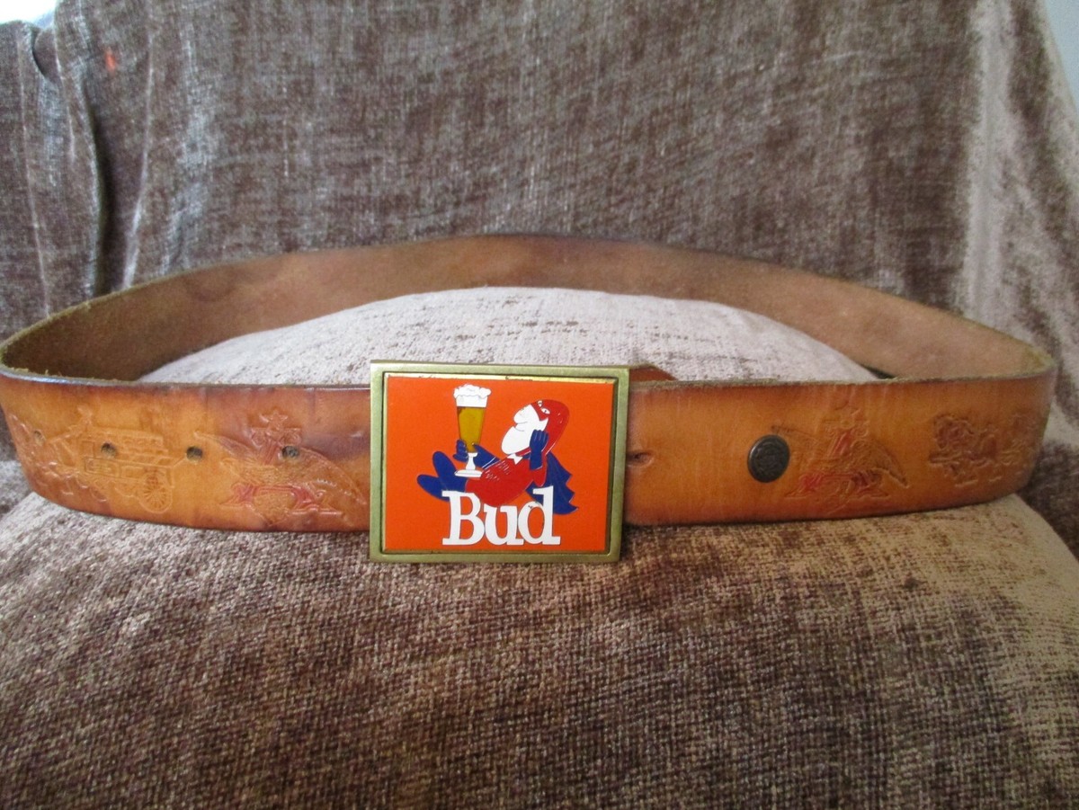 [レア]80s 90s Budweiser 本革ベルトVINTAGE馬車usa製 Men's Vintage Budweiser Tooled Clydesdales Leather Belt and