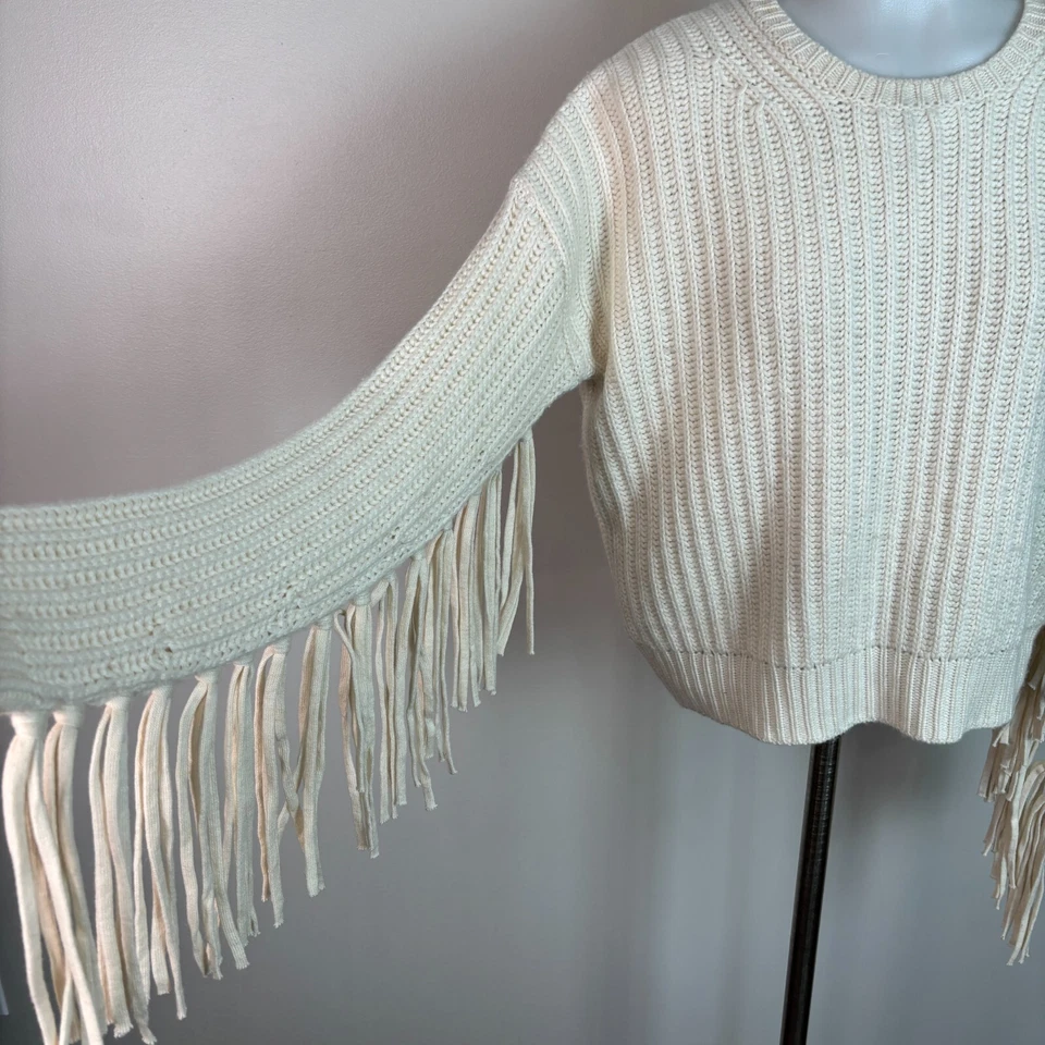 Espléndido Suéter XS Marfil Mangas Flecos Recortado Cuello Redondo Pullover Para Mujer Foto 2 de 4