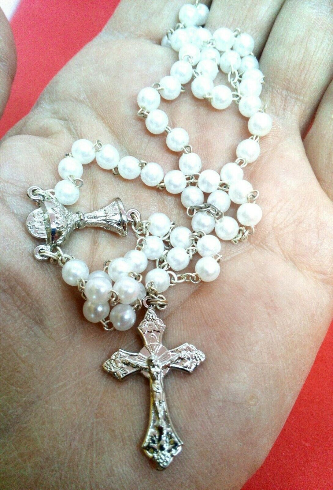 Pocket Rosary, White Faux Pearl Rosary Beads, Made in Italy, Stamped