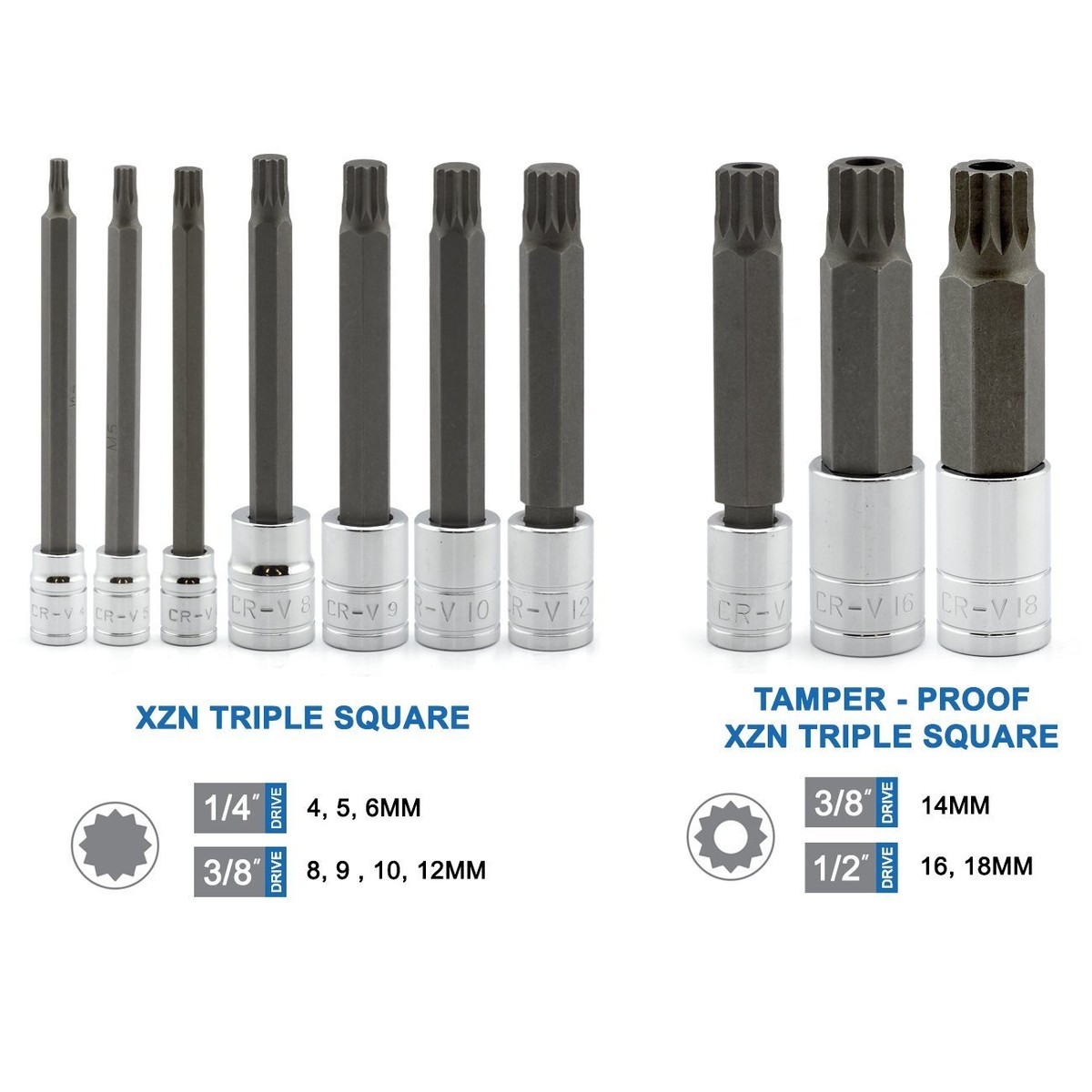 20pc XZN 12 Point MM Triple Square Spline Bit Socket Set Tamper