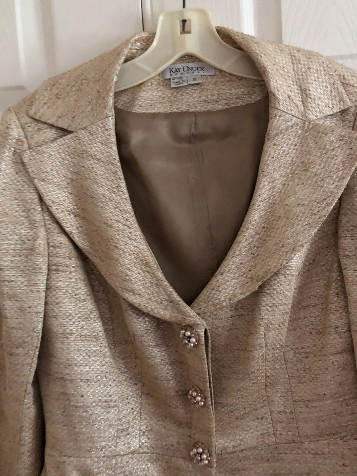 Kay Unger Talla 12 Nueva York 2 Piezas Metálico Beige Forrado Falda Traje Formal Mujer Foto 3 de 4
