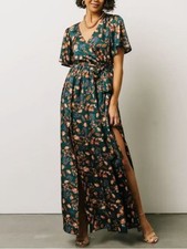 Baltic Born Sicily Satin Maxi Dress Jade Multi Floral Tie Waist Sz Small Wedding