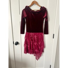 Wrap Around Girls Burgundy Velvet Pink Floral Tiered Glitter Party Dress Size 12