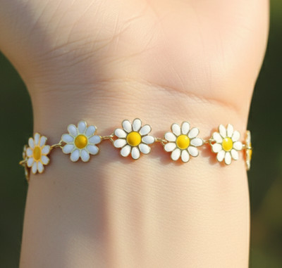 Elegant 18K Gold Plated Brass Bracelet White & Yellow Floral Daisy Charm Design