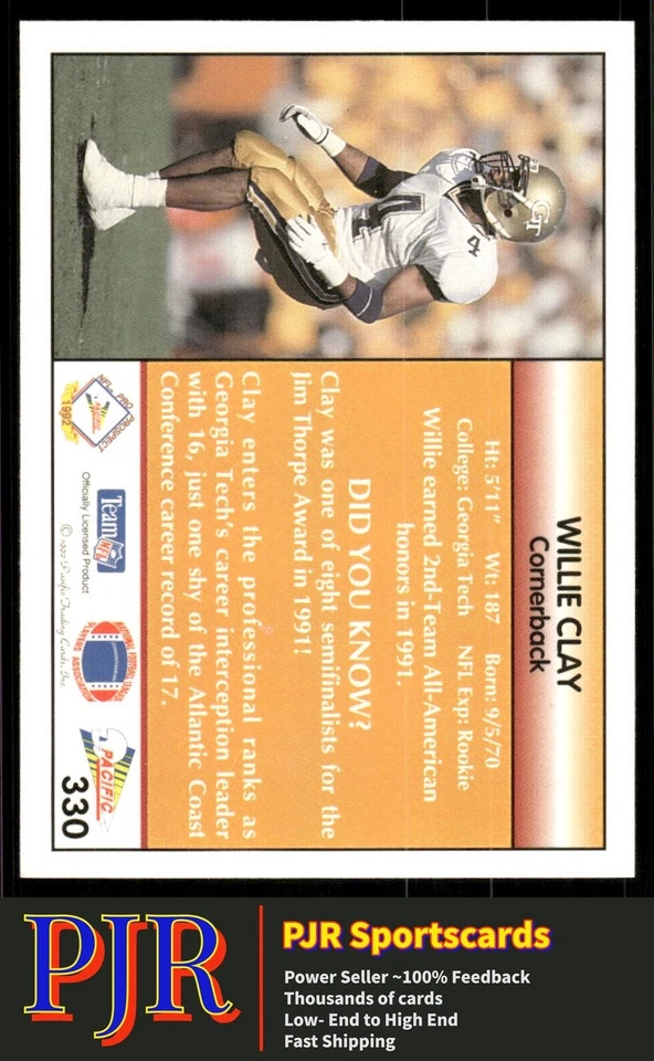 Willie Clay 1992 Pacific #330 Georgia Tech Yellow Jackets Rookie - Image 2 of 2