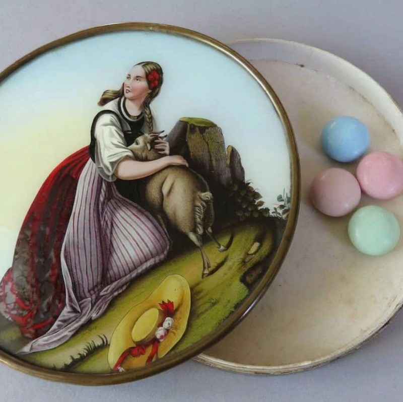 Antique European 7" Carboard BON BON Candy Box EGLOMISE LADY + Goat Under GLASS