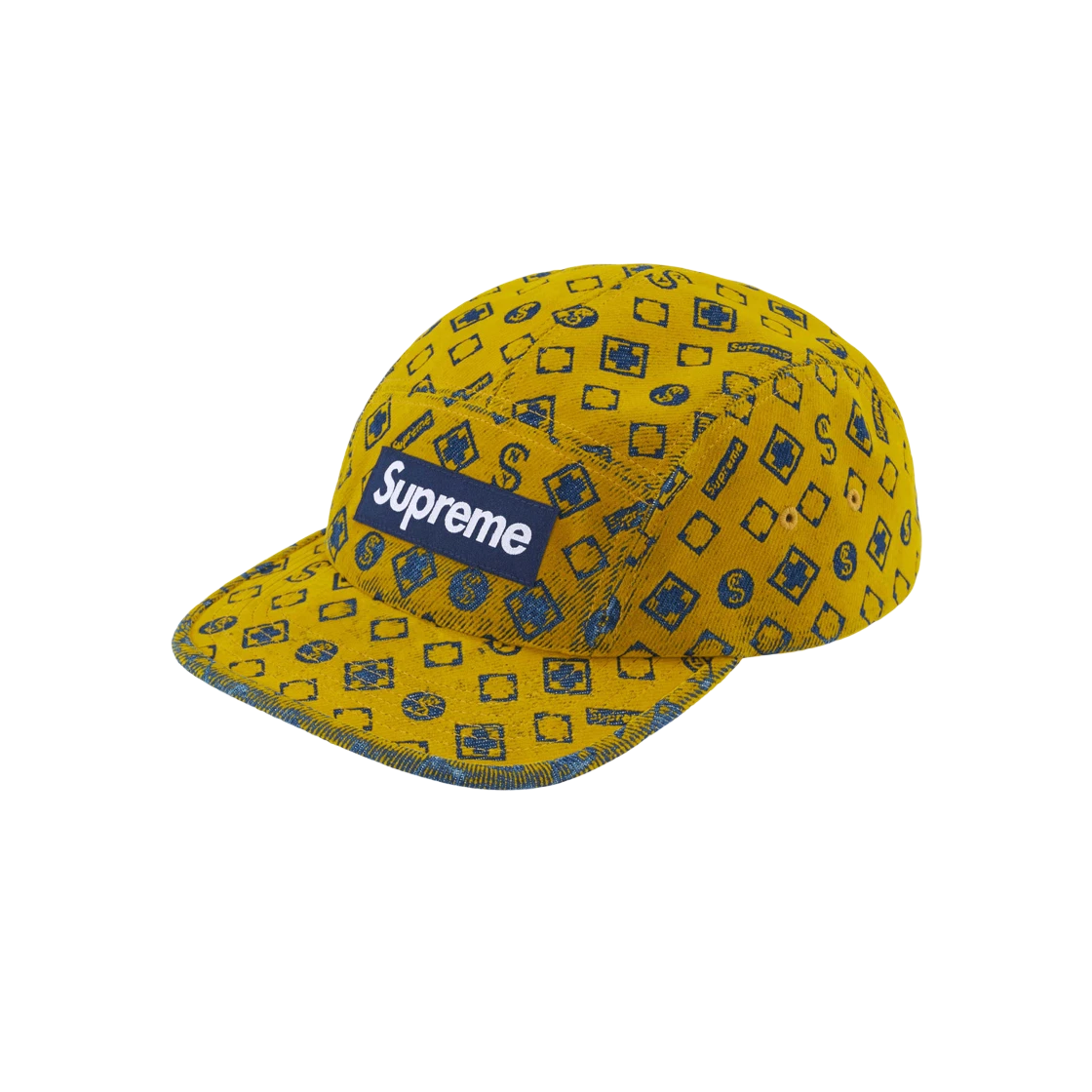Casquette de camp en denim floqué suprême moutarde   24FW