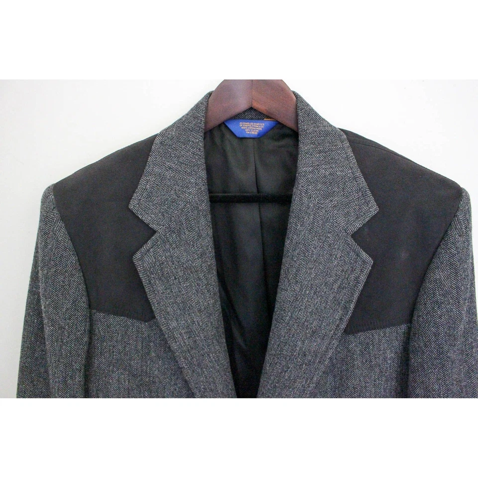 Pendleton Blazer Jacket Mens 42 Wool Herringbone Western Suede Elbow Patch *READ - Image 2 of 4