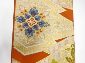 7761776: JAPANESE KIMONO / ANTIQUE FUKURO OBI / SILK / WOVEN FLORAL CREST