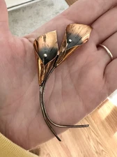 Stuart Nye Signed Copper Sterling Silver Calla Lily Double Flower Brooch Pin