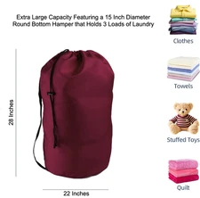 BURGUNDY Heavy Duty Laundry Bag w/Strap, 22"x28" Round Bottom Hamper Large