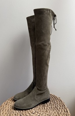 Stuart Weitzman Lowland Over-the-Knee Boots Ode Green Suede Flat Tie Back 6.5