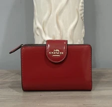 COACH CW526 Medium Corner Zip Wallet In Spazzolato Leather Gold/Ruby Red