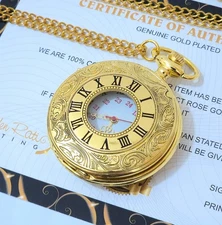 24k Gold Plated Pacifistor Pocket Watch Quartz Movement Half Hunter White Dial