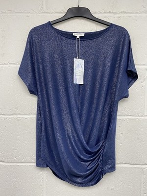 Warehouse blau Glitzer Kurzarm gekreuzt vorne gerafft Top Größe 12 neu mit Etikett. PT