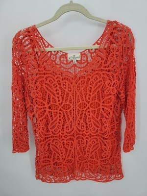 Grand and Greene Top Womens Medium Orange Red Open Knit Lined Pullover