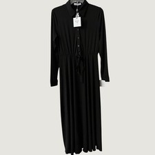 DressBlank Long Sleeve Slinky Button Front Tie Maxi Dress Womens Small Black New
