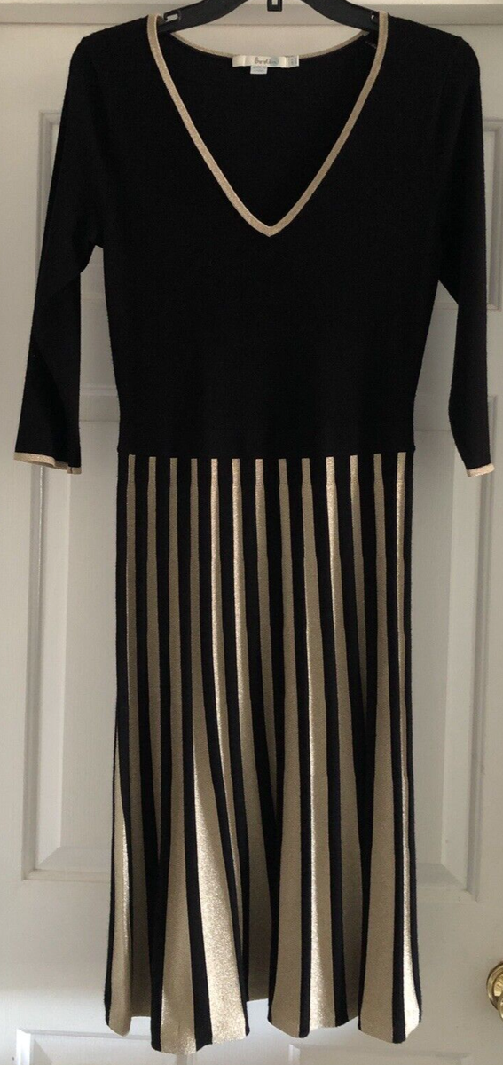 Boden Womens Kiera Dress Black Gold Metallic Stripe 3/4 SleeveLNC Sz US 4  UK 8