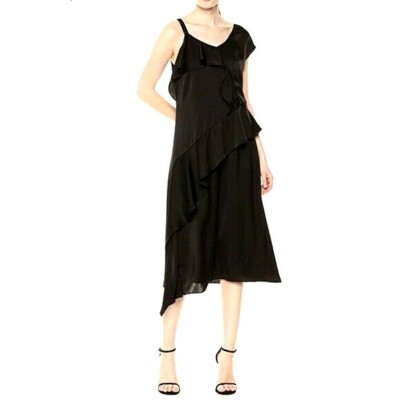 Nic + Zoe Women Dress Size 6 Black Onyx Ruffle Flounce Asymmetrical One Shoulder
