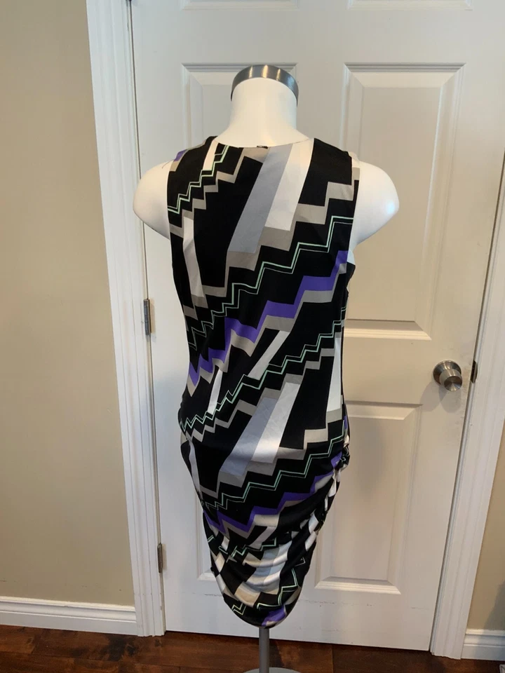 Vestido Lápiz Poleci Púrpura, Negro y Gris Seda Geométrico Sin Mangas, Talla M Foto 4 de 4