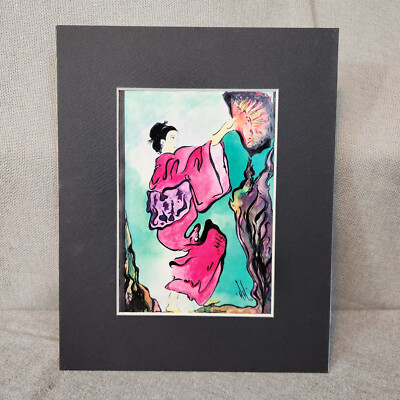 Vintage 1995 Color Ink Artwork Geshia w Komono & Fan Art 5'' x 7'' Matted 10''x8''