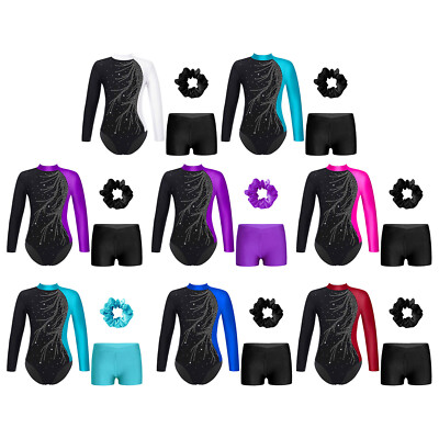 Kids Girl Outfits Contrast Color Dancewear Mock Neck Set Long Sleeve Clothes