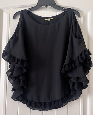 Gianni Bini Flowy Chiffon Ruffle Flounce Shirt Flutter Tassel Sleeve Blouse XS