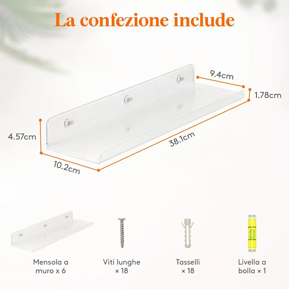 Mensole Galleggianti per Parete,Pacco da 6 Scaffali in Acrilico trasparente 38 c - Immagine 3 di 4