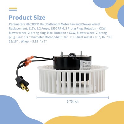 Bathroom Exhaust Fan Motor & Blower Wheel Replacement – 100 CFM, 115V, 1.2A, 1550 RPM – Fits Broan NuTone 8663RP Series