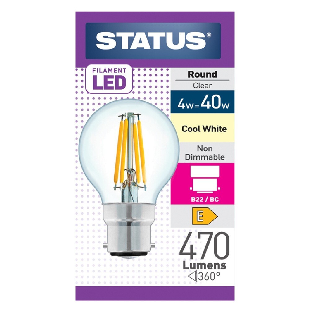 Status 4w (=40w) BC Round Filament Cool White LED Light Bulb