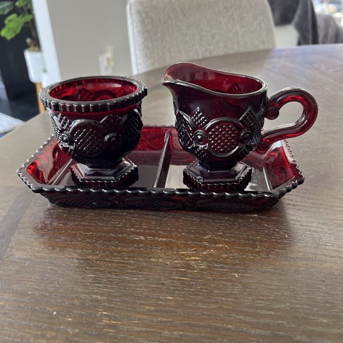 Sugar Bowl & Creamer & Divided Dish Avon 1876 Cape Cod Glass Ruby Red Set Of 3 - Picture 3 of 5