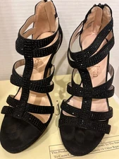 PRE-OWNED CATHY JEAN WOMEN'S OPEN TOE RHINESTONE HEELS- BLACK- SIZE 7