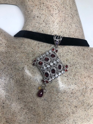 Gargantilla de granate bohemio vintage collar colgante de plata de ley 925 - Imagen 3 de 5